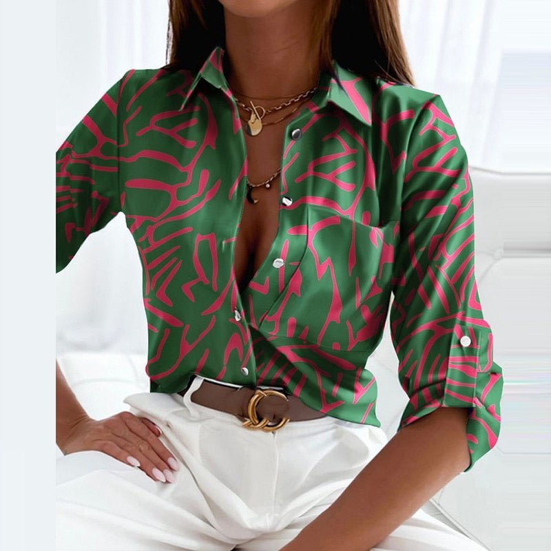 Women's Geometric Print Button-Down Collared Blouse - Green