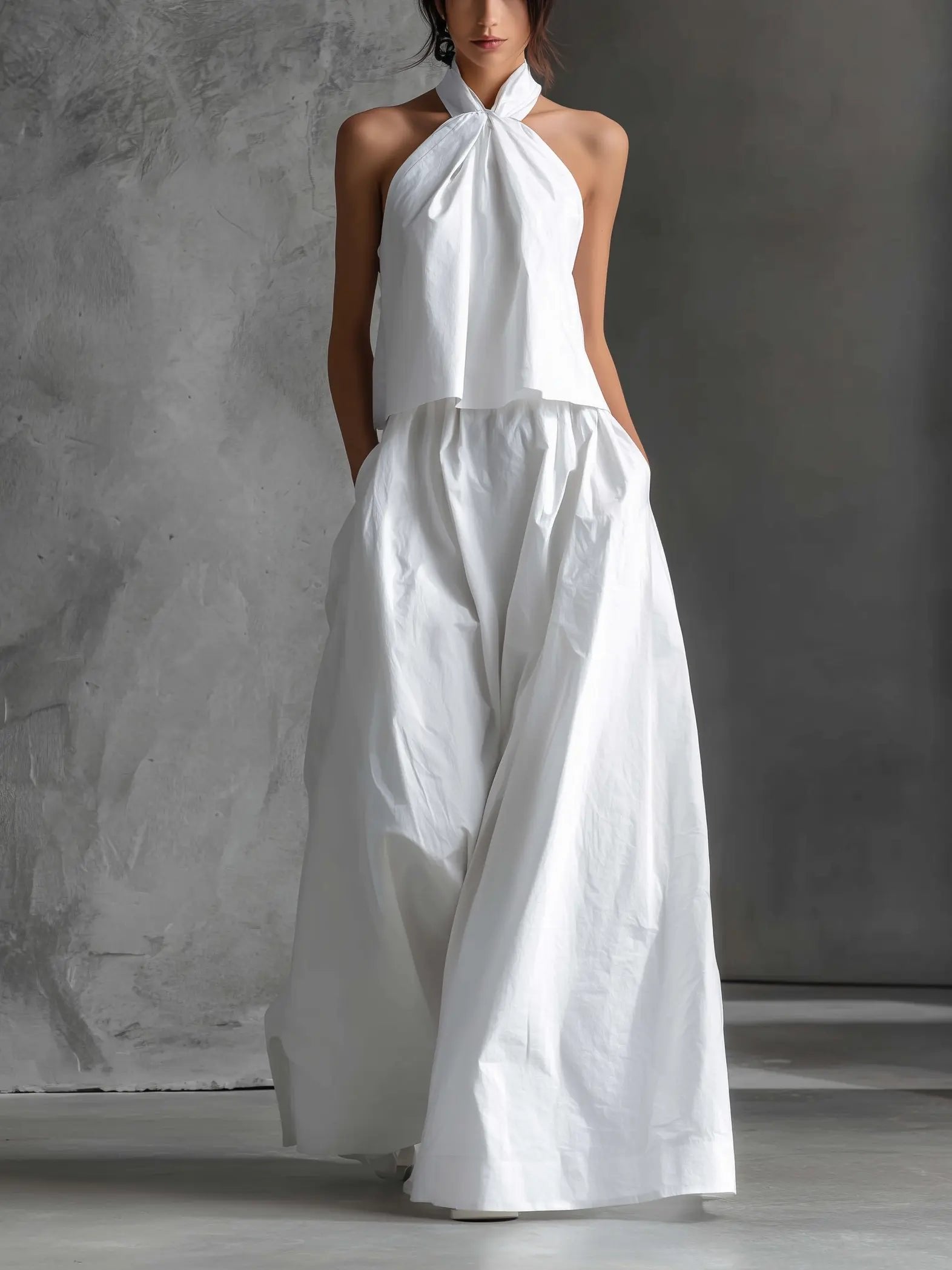 Women's Halter Neck Cotton-Linen Two-Piece Maxi Skirt Set - White