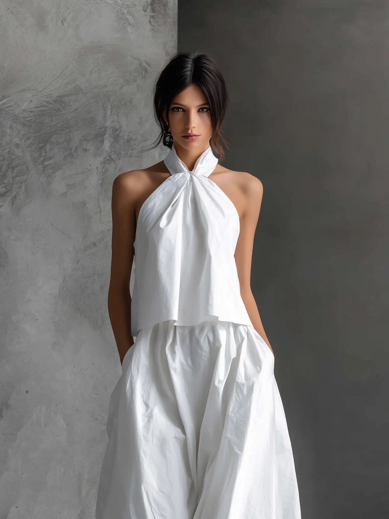 Women's Halter Neck Cotton-Linen Two-Piece Maxi Skirt Set