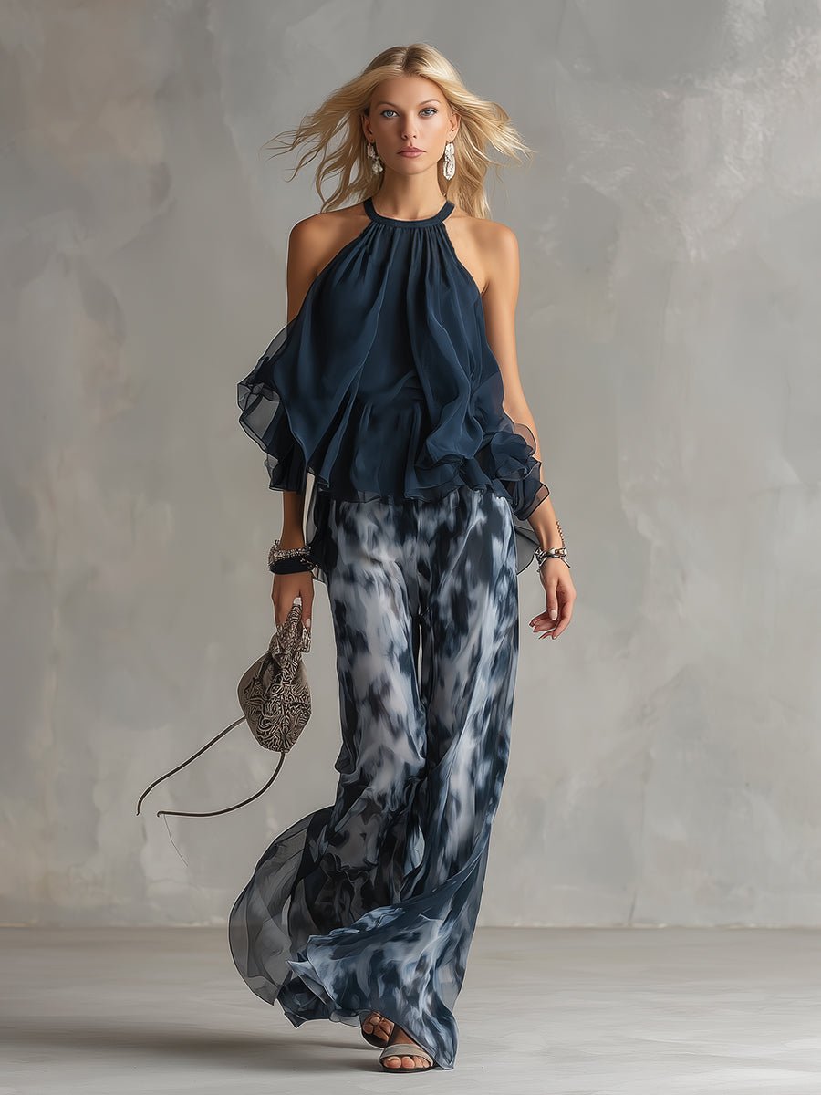 Women's Halter Neck Ruffled Wide-Leg Two-Piece Set