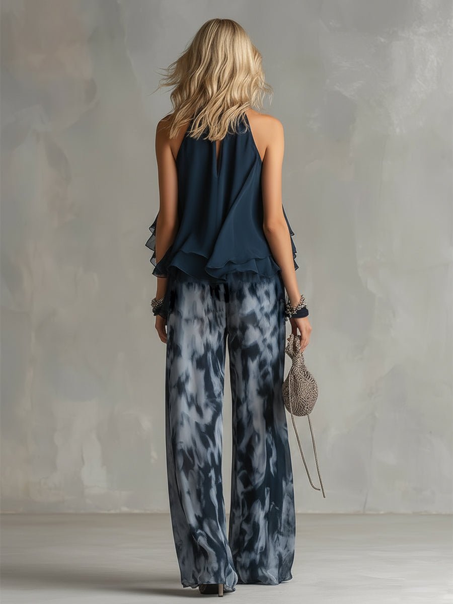 Women's Halter Neck Ruffled Wide-Leg Two-Piece Set