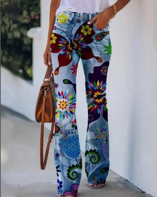 Women's High-Waist Botanical Floral Flare Jeans - Blue 8