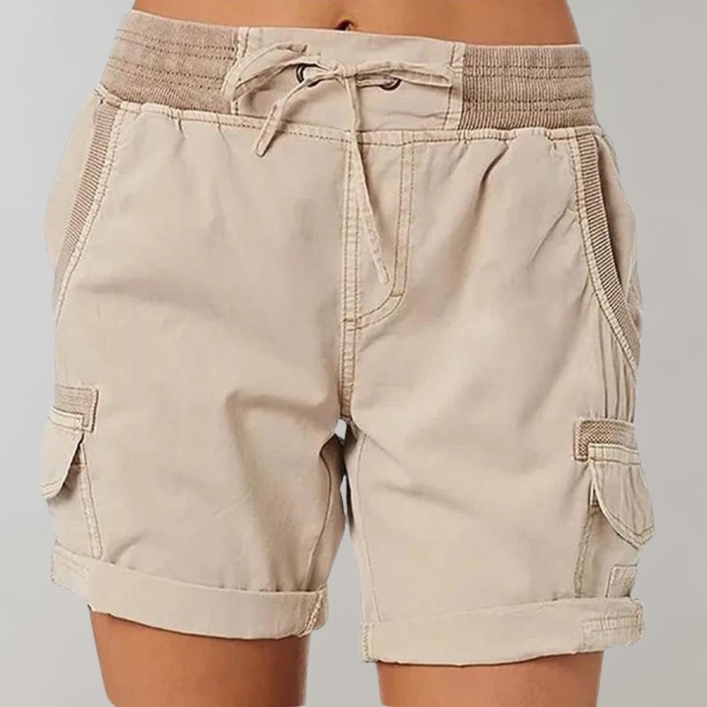 Women's High-Waist Drawstring Elastic-Waistband Cargo Shorts - Beige
