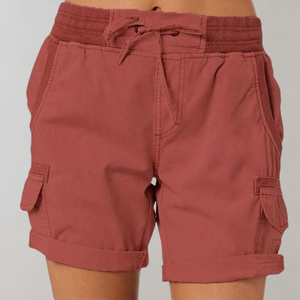 Women's High-Waist Drawstring Elastic-Waistband Cargo Shorts - Red