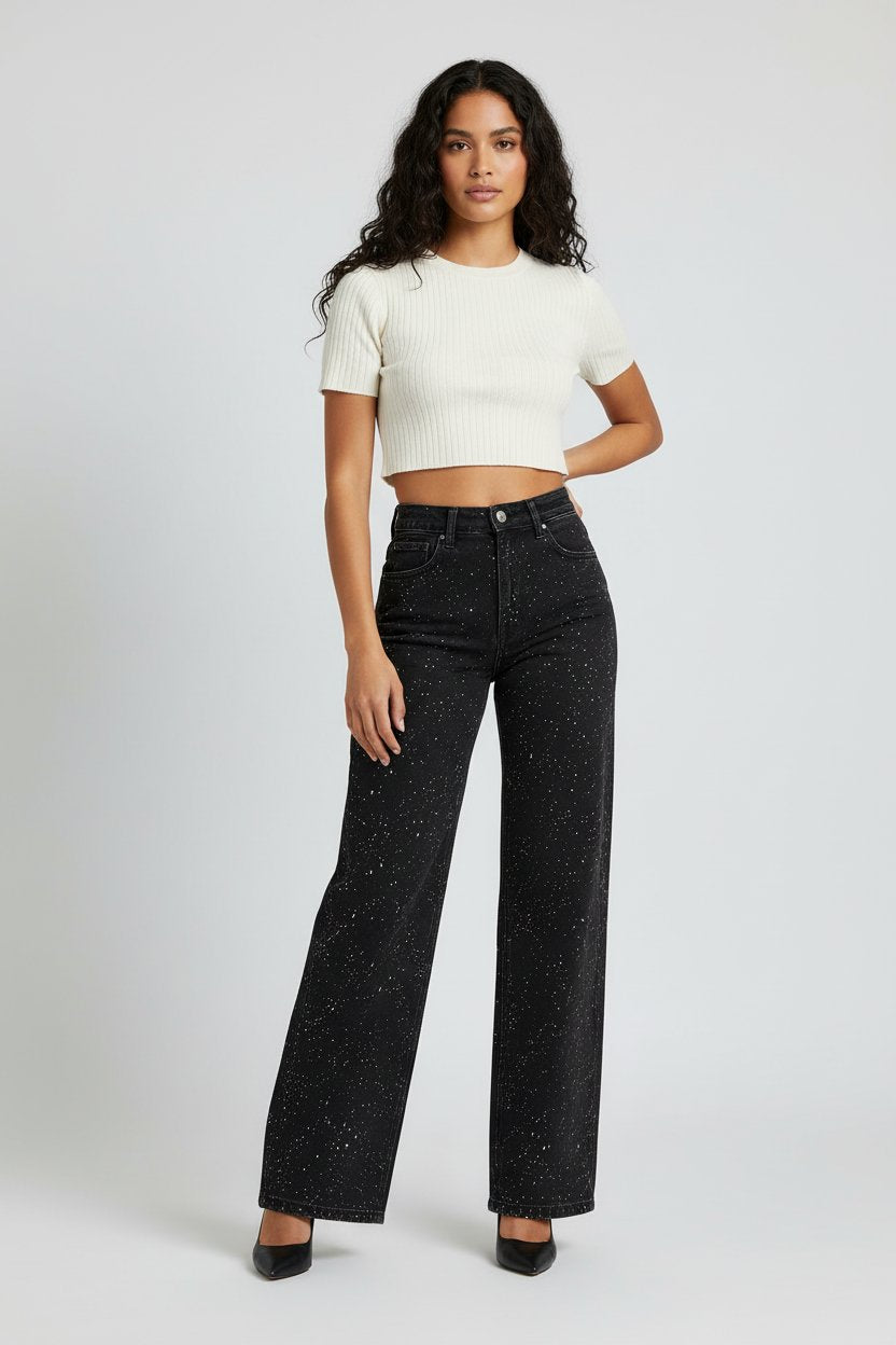 Women's High-Waist Wide-Leg Glitter Denim Jeans - Schwarz