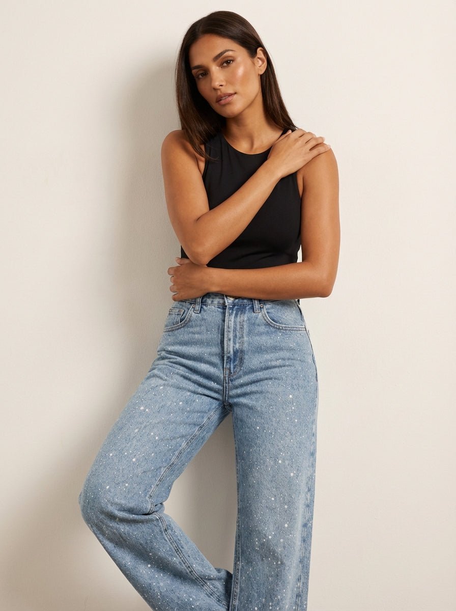Women's High-Waist Wide-Leg Glitter Denim Jeans