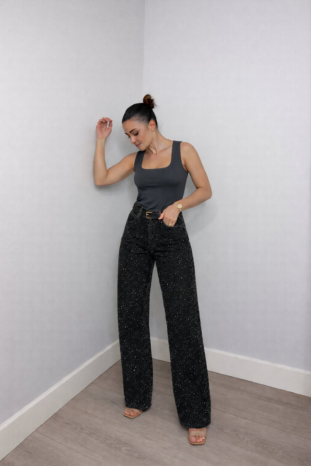 Women's High-Waist Wide-Leg Glitter Denim Jeans