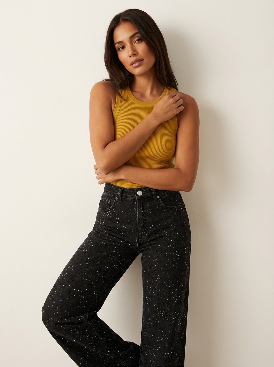 Women's High-Waist Wide-Leg Glitter Denim Jeans