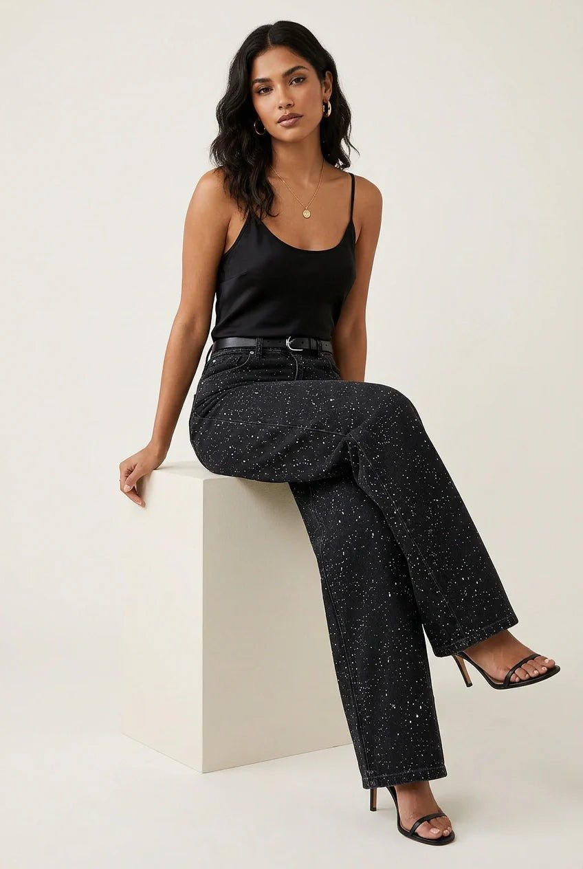 Women's High-Waist Wide-Leg Glitter Denim Jeans
