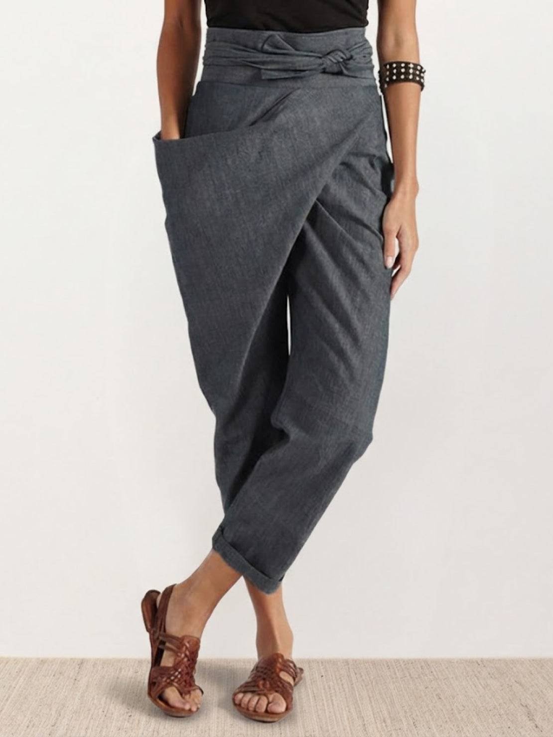 Women's High-Waist Wrap-Front Tapered Cropped Pants - Gray