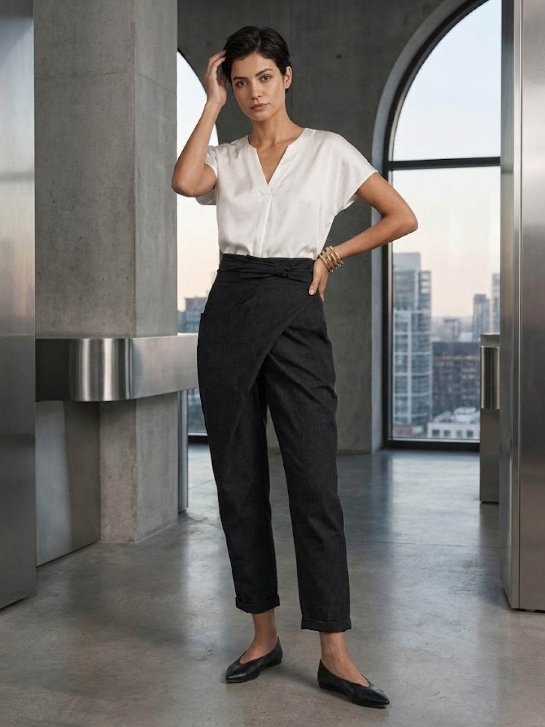 Women's High-Waist Wrap-Front Tapered Cropped Pants