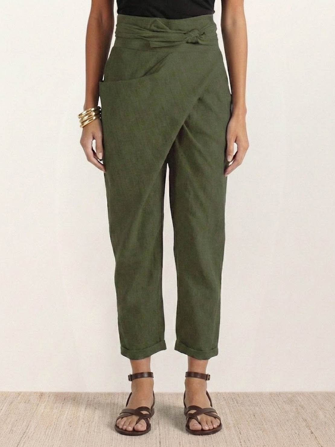 Women's High-Waist Wrap-Front Tapered Cropped Pants - Army Green