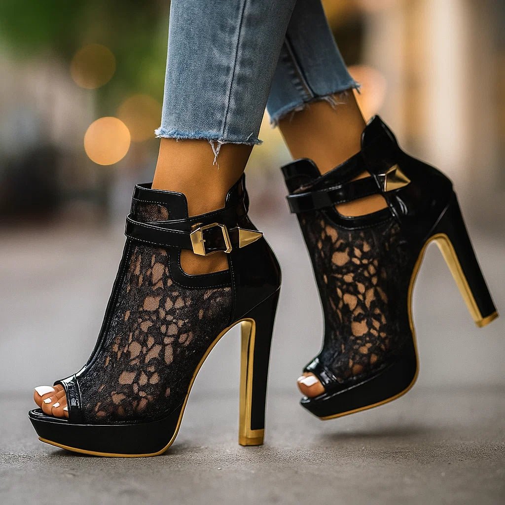 Women's Lace Open-Toe Stiletto Platform Ankle Booties