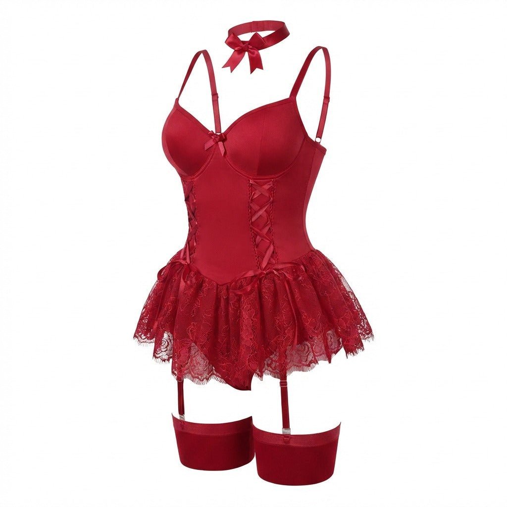 Women's Lace Ruffle Corset Bustier Teddy Lingerie Set Garter Straps - Burgundy