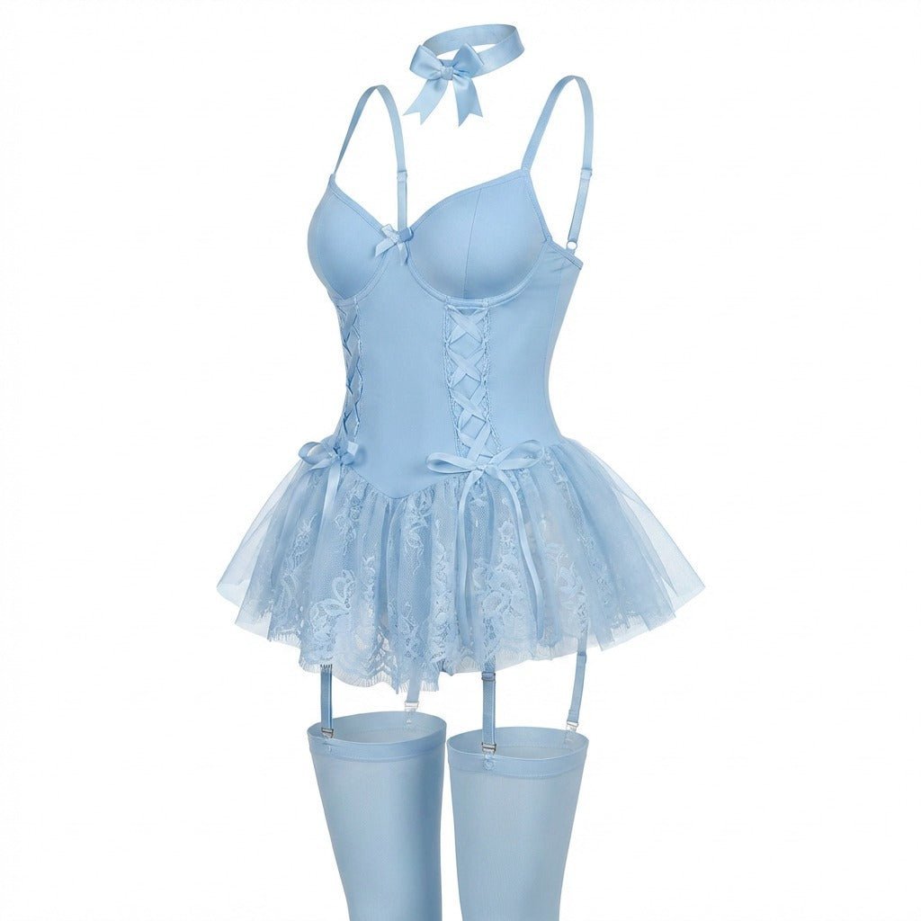 Women's Lace Ruffle Corset Bustier Teddy Lingerie Set Garter Straps - Baby Blue