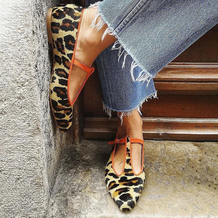 Women's Leopard Print T-Strap Pointed-Toe Flat Shoes