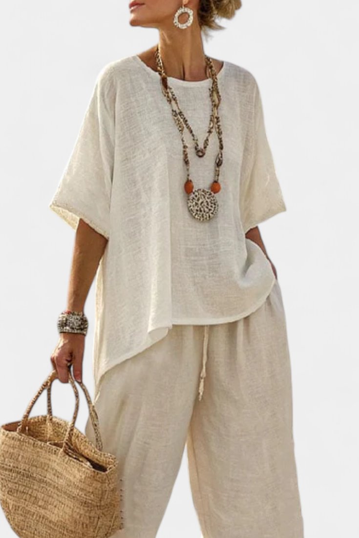 Women's Linen Asymmetric-Hem Oversized Top Wide-Leg Pants Two-Piece Set