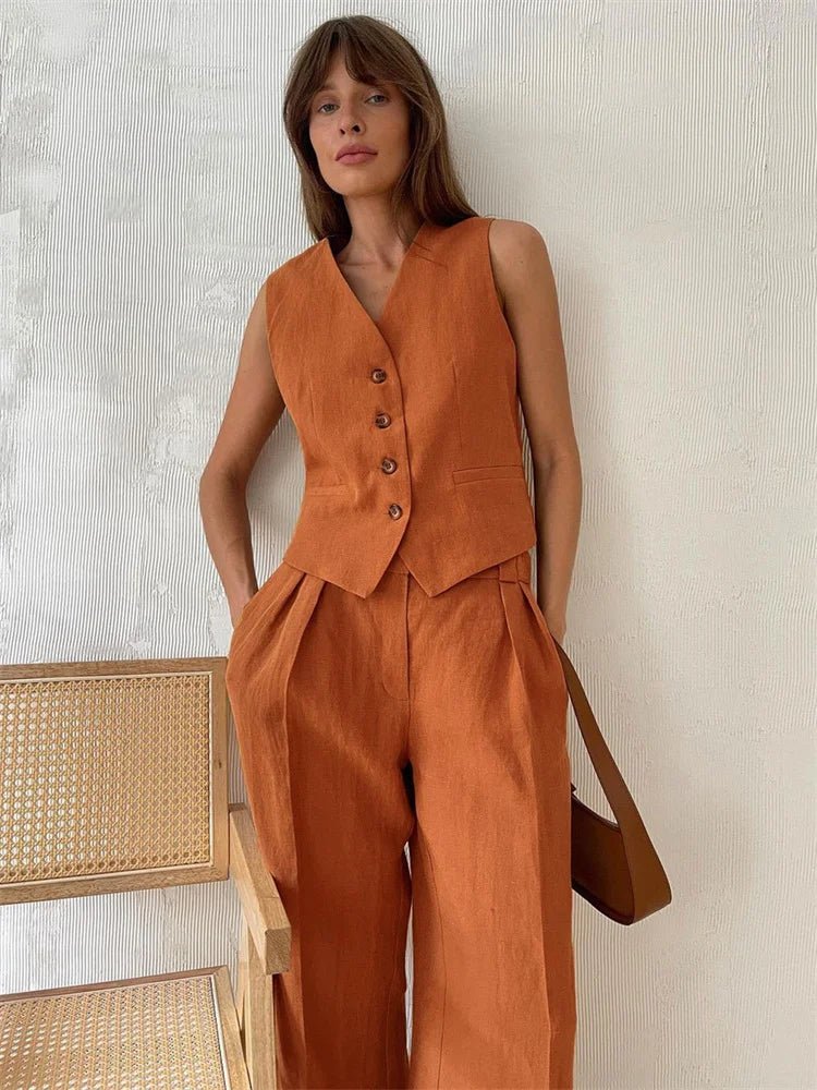 Women's Linen Blend Buttoned Vest Wide-Leg Pleated Pants Two-Piece Set - Orange