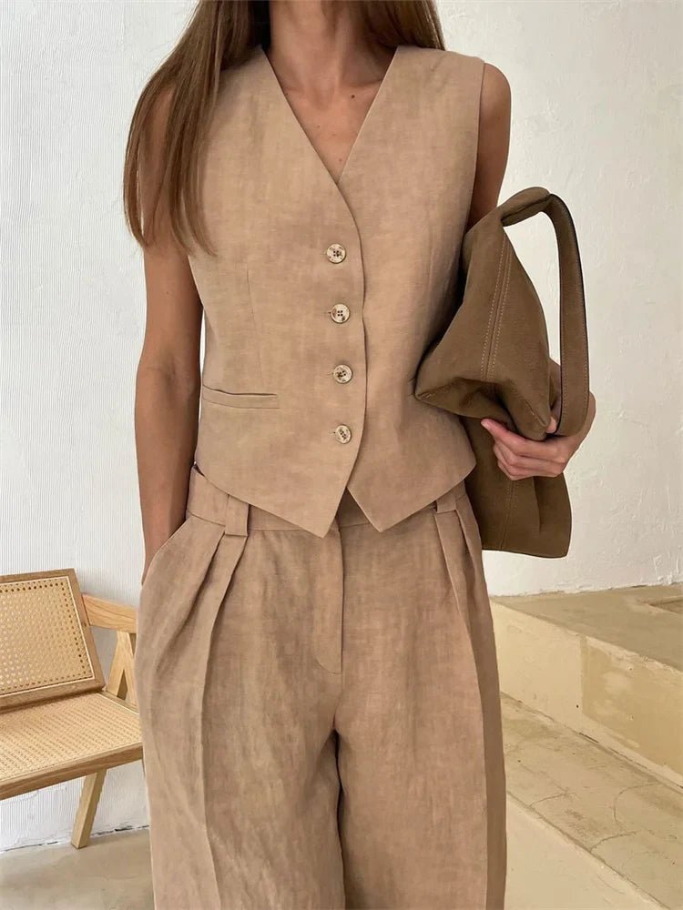 Women's Linen Blend Buttoned Vest Wide-Leg Pleated Pants Two-Piece Set