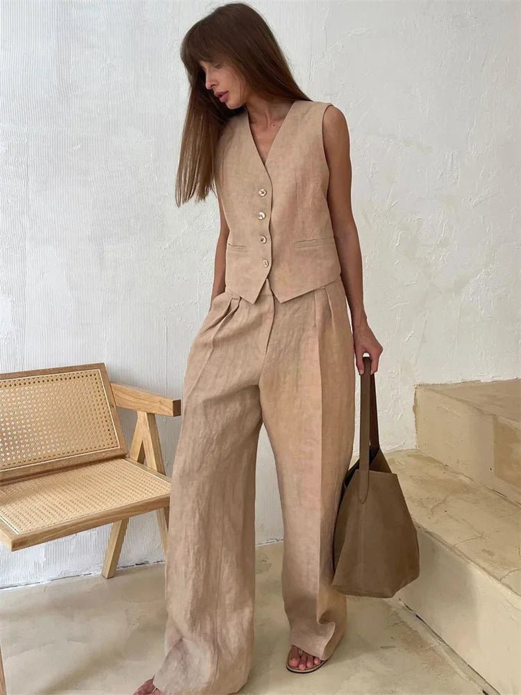 Women's Linen Blend Buttoned Vest Wide-Leg Pleated Pants Two-Piece Set