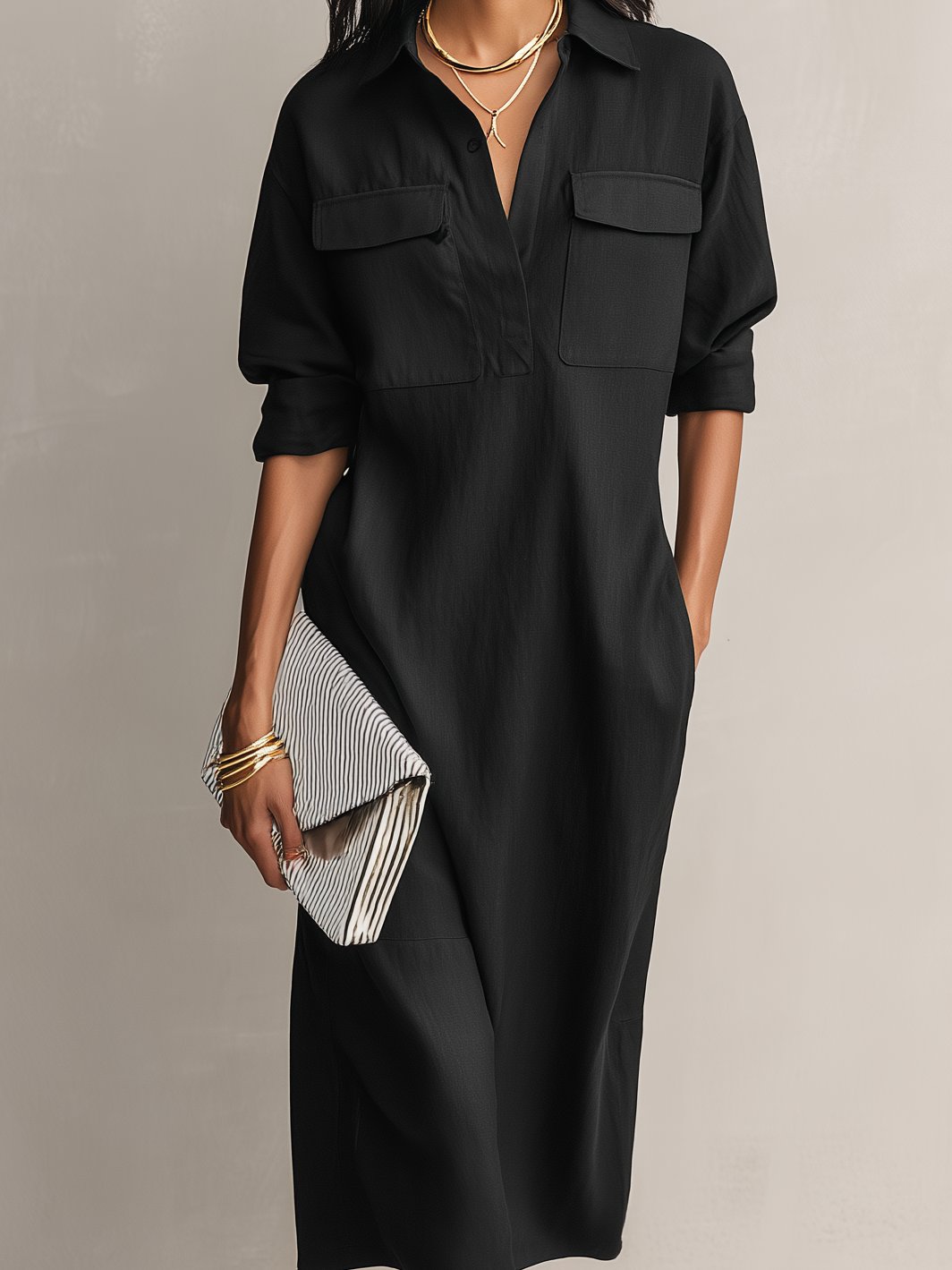 Women's Linen Blend Collared V-Neck Midi Shirt Dress