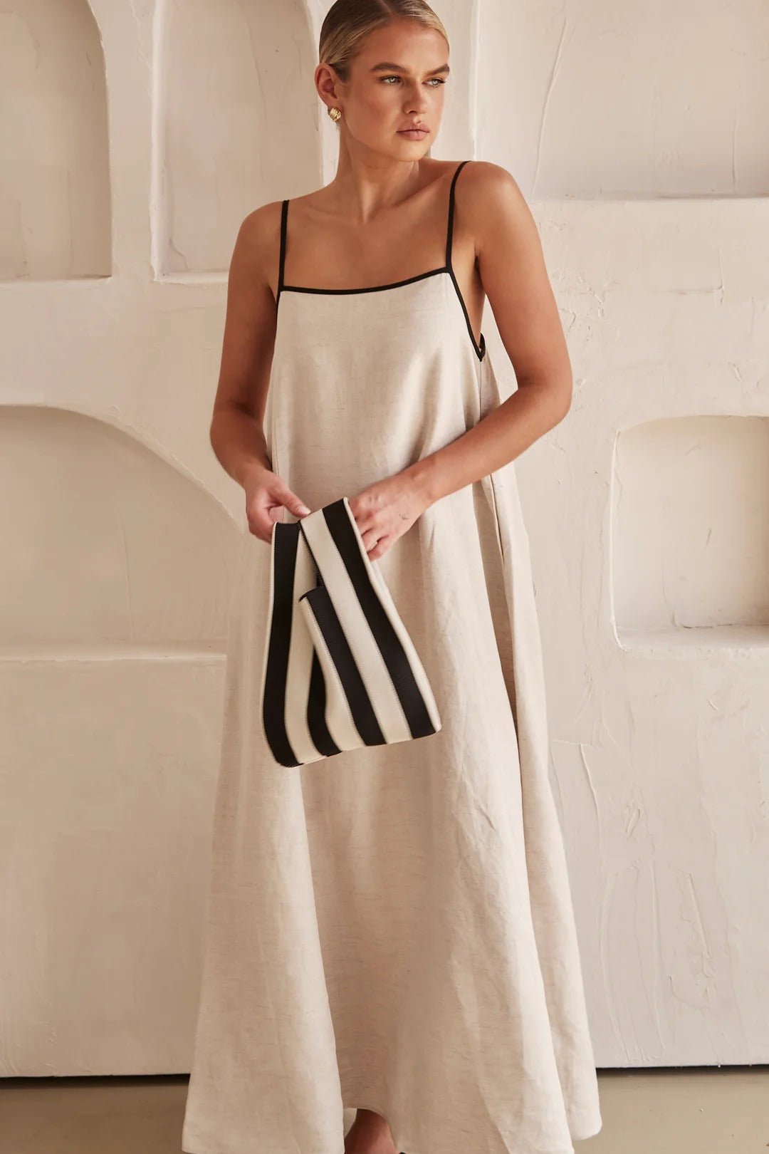 Women's Linen-Blend Trapeze Maxi Dress Adjustable Straps Side Pockets