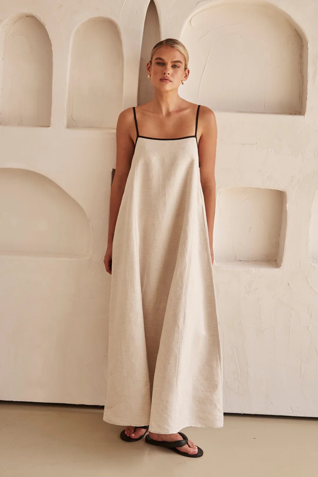 Women's Linen-Blend Trapeze Maxi Dress Adjustable Straps Side Pockets - Cream