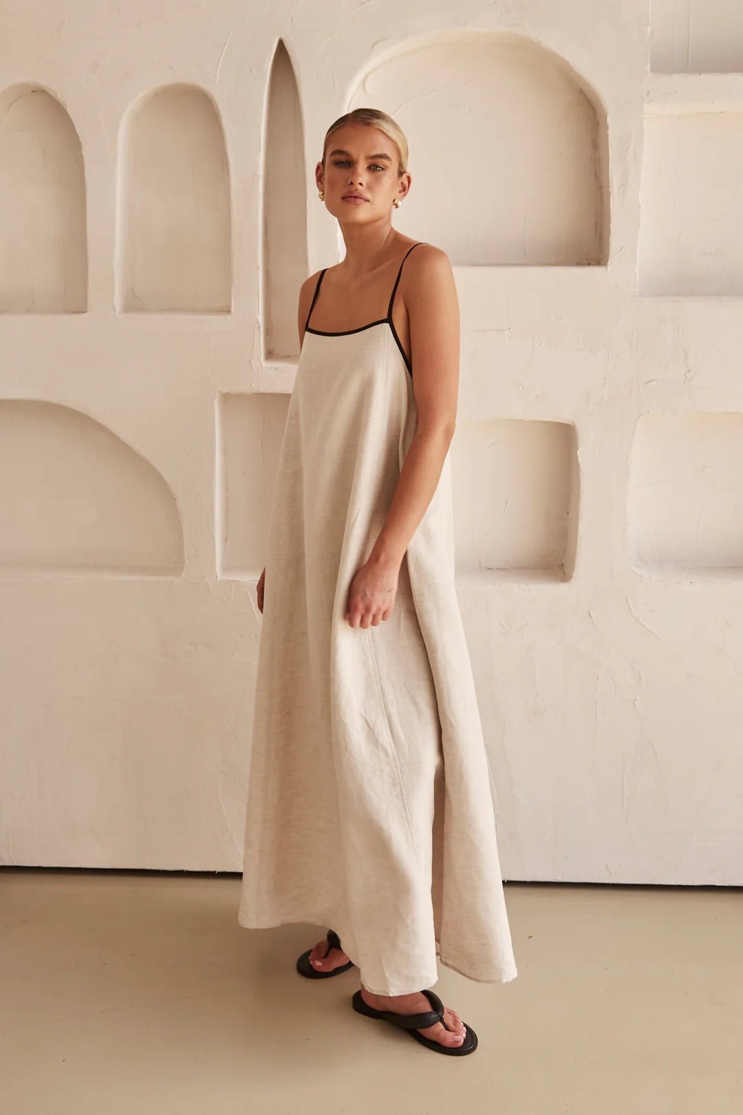 Women's Linen-Blend Trapeze Maxi Dress Adjustable Straps Side Pockets