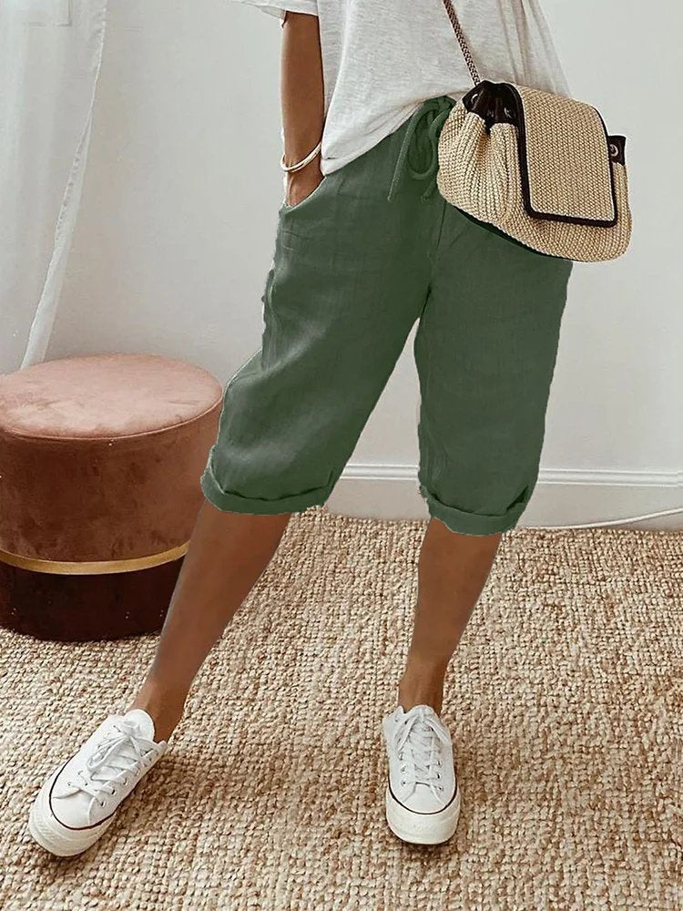 Women's Linen Drawstring Cropped Bermuda Shorts Relaxed Fit - Army Green