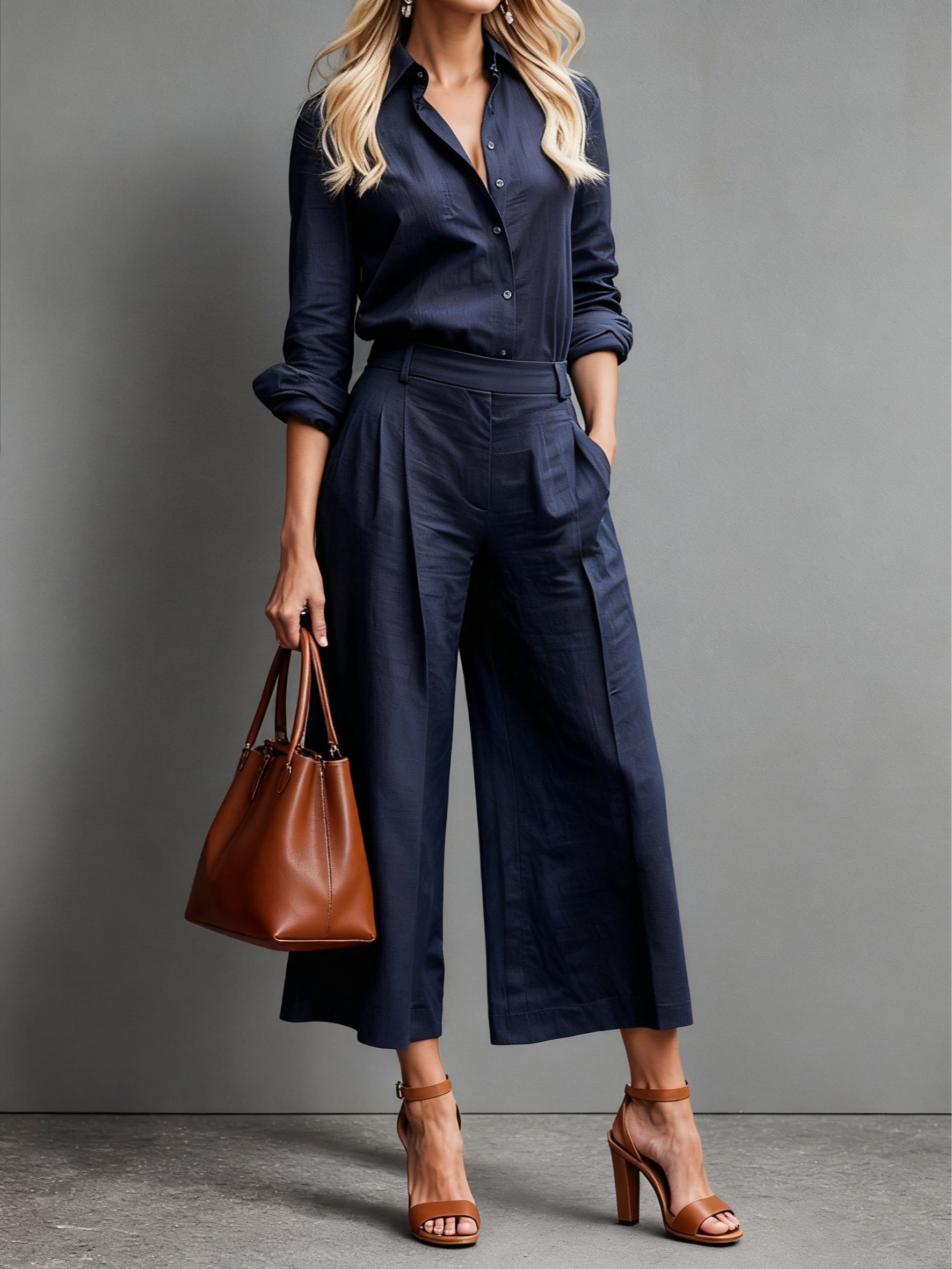 Women's Linen High-Waist Wide-Leg Cropped Pants Button-Down Shirt Set - Navy