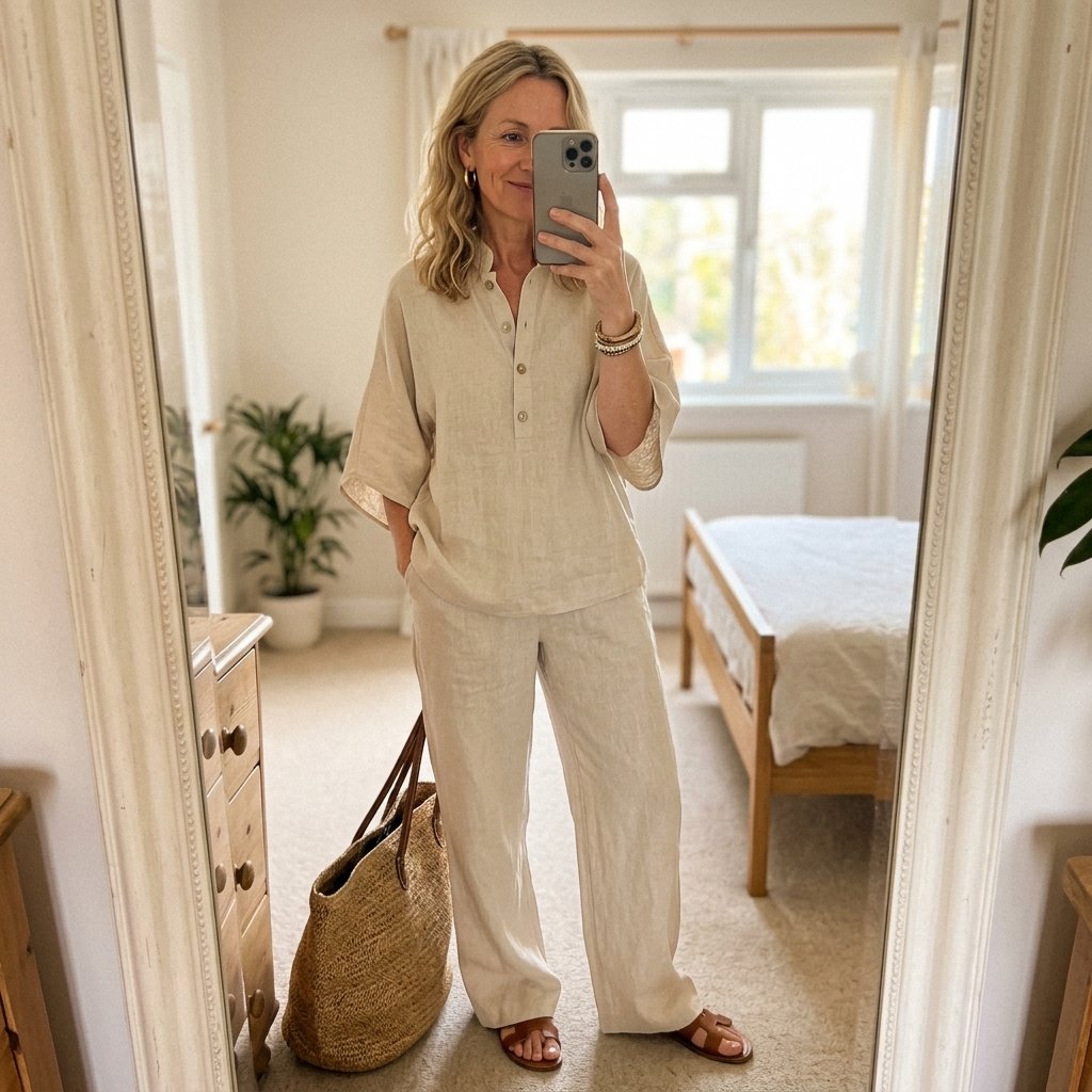Women's Linen Kimono-Sleeve Mandarin-Collar Wide-Leg Pants Set