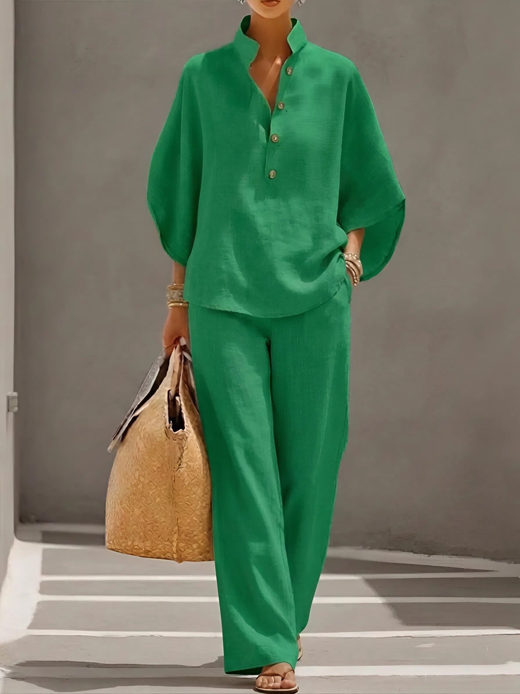 Women's Linen Kimono-Sleeve Mandarin-Collar Wide-Leg Pants Set - Green