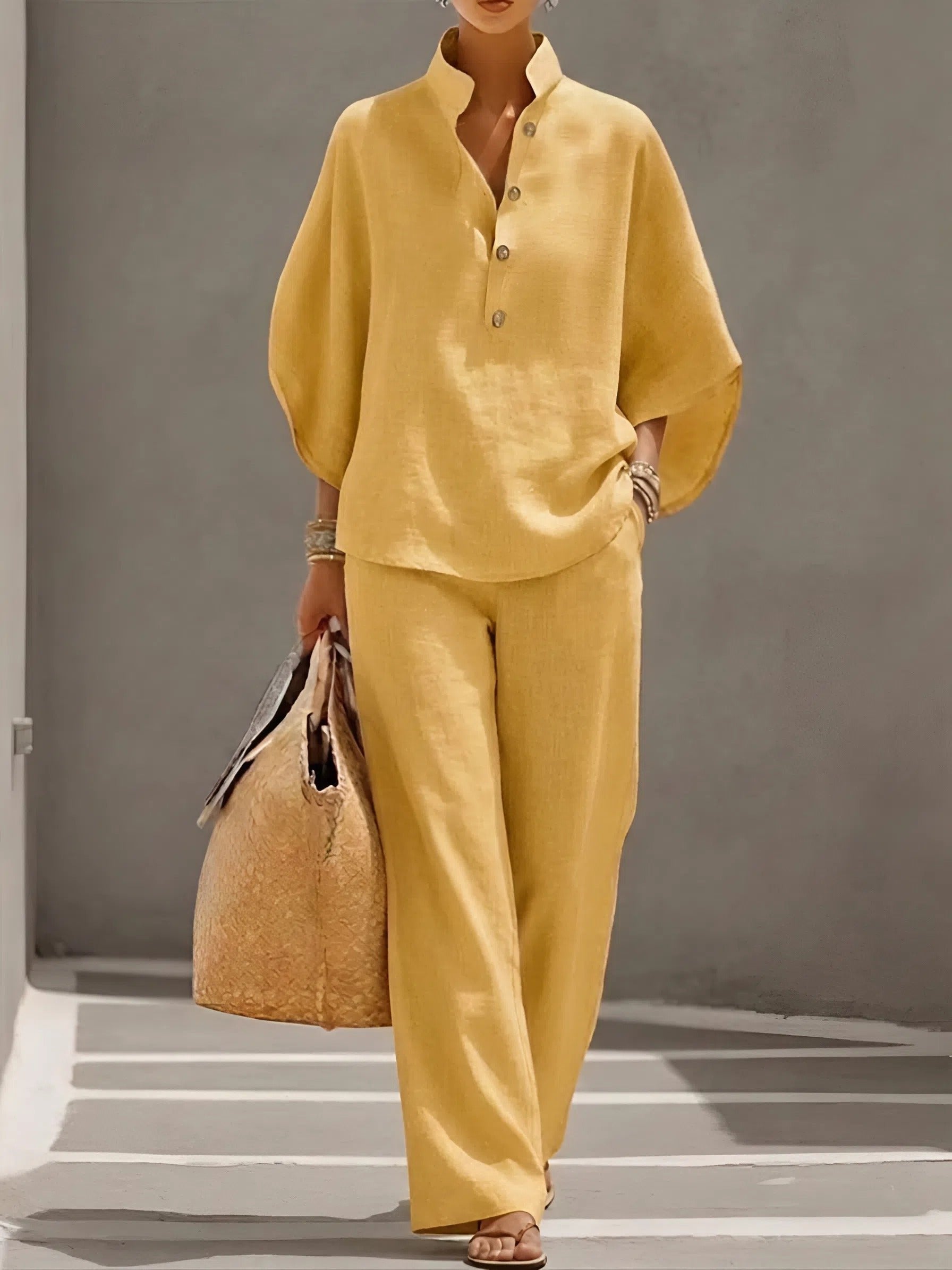 Women's Linen Kimono-Sleeve Mandarin-Collar Wide-Leg Pants Set - Yellow