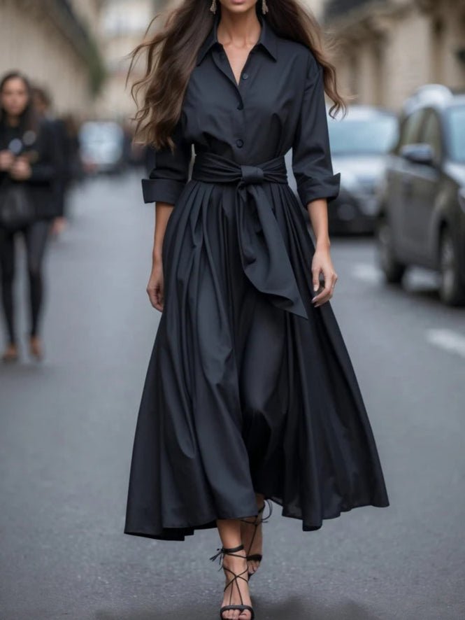 Women's Long-Sleeve Tie-Waist Shirt-Collar Flared Maxi Dress - Black