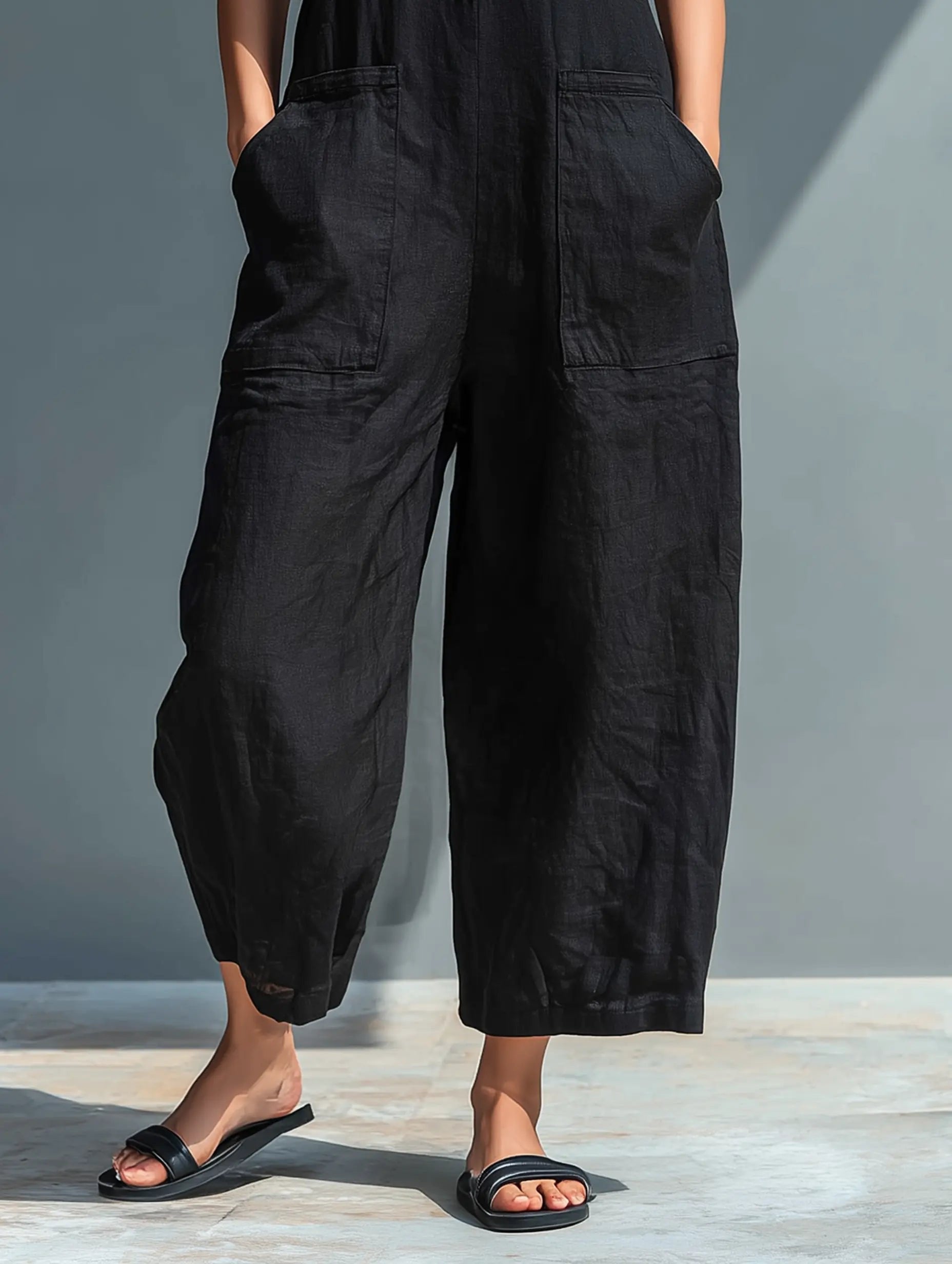 Women's Loose-Fit Linen Blend Sleeveless Stand-Collar Jumpsuit