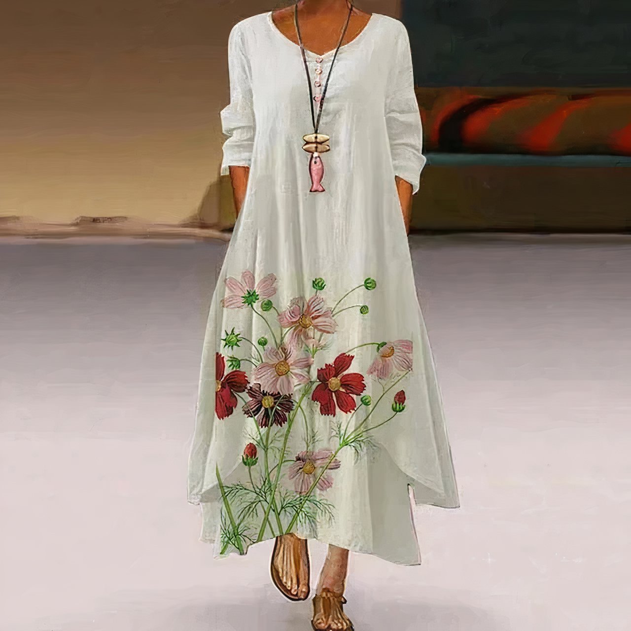 Women's Loose Floral Hem Long Sleeve Round Neck Maxi Dress - White 1