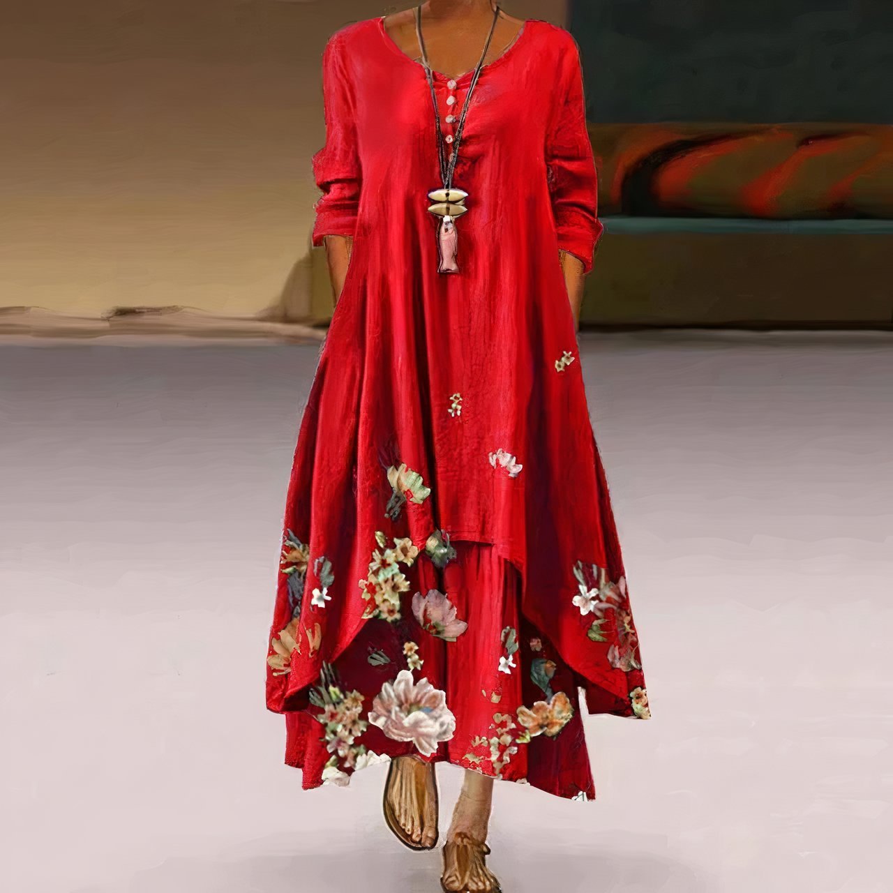 Women's Loose Floral Hem Long Sleeve Round Neck Maxi Dress - Red