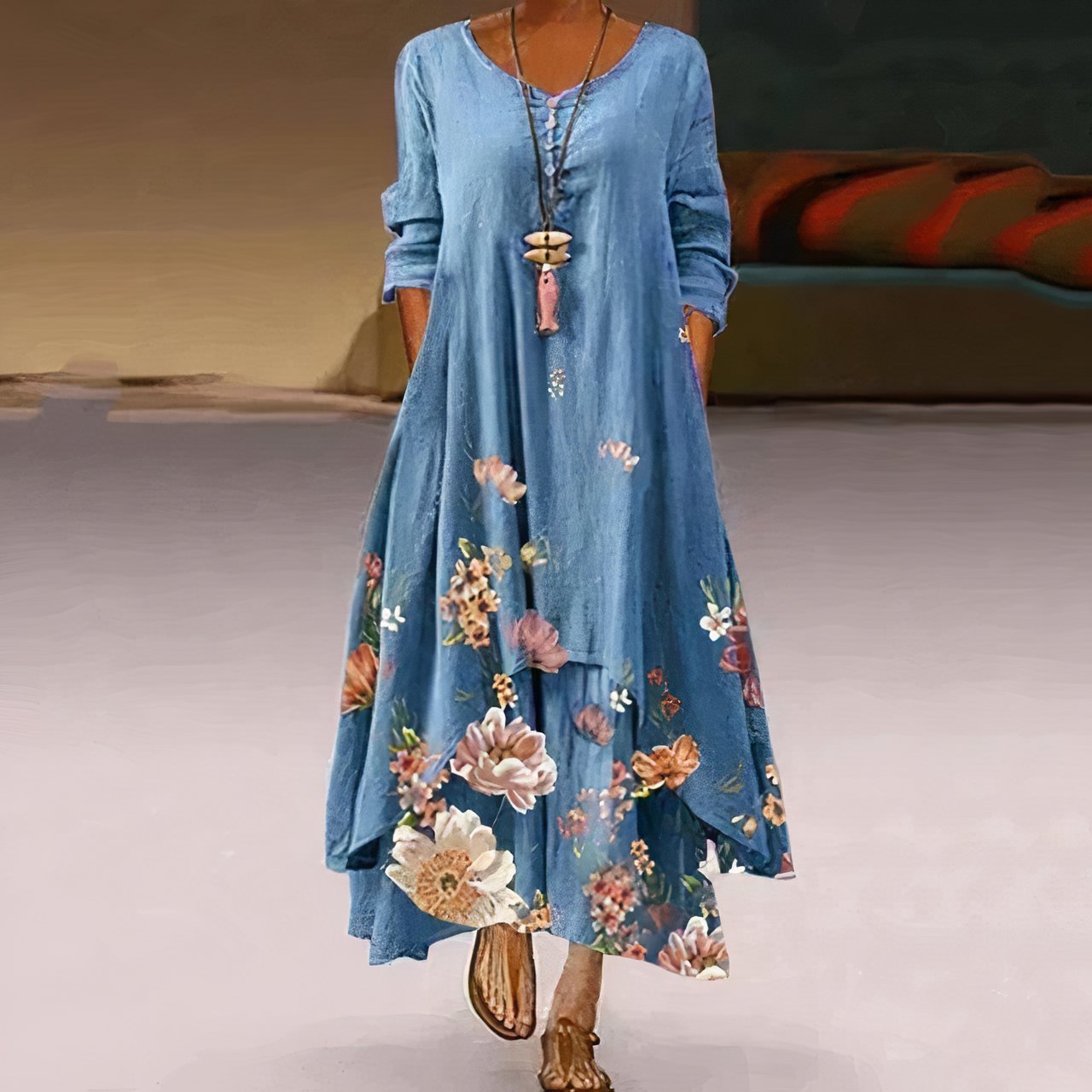 Women's Loose Floral Hem Long Sleeve Round Neck Maxi Dress - Blue
