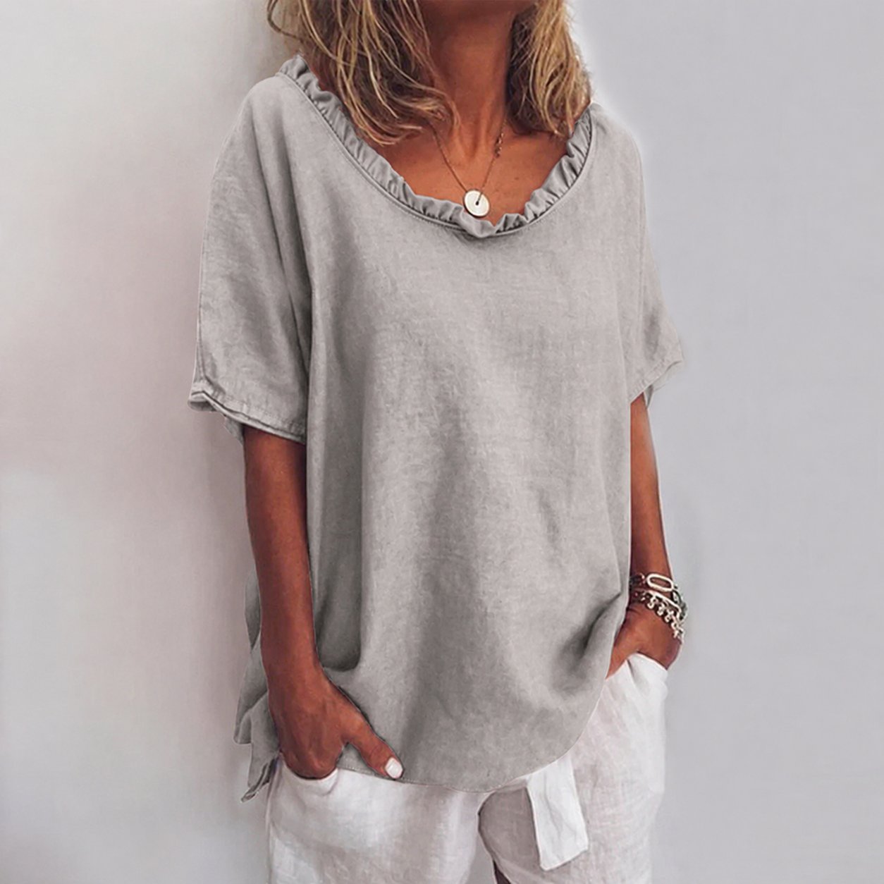 Women's Loose Ruffle-Neck Short-Sleeve Linen Blouse - Gray