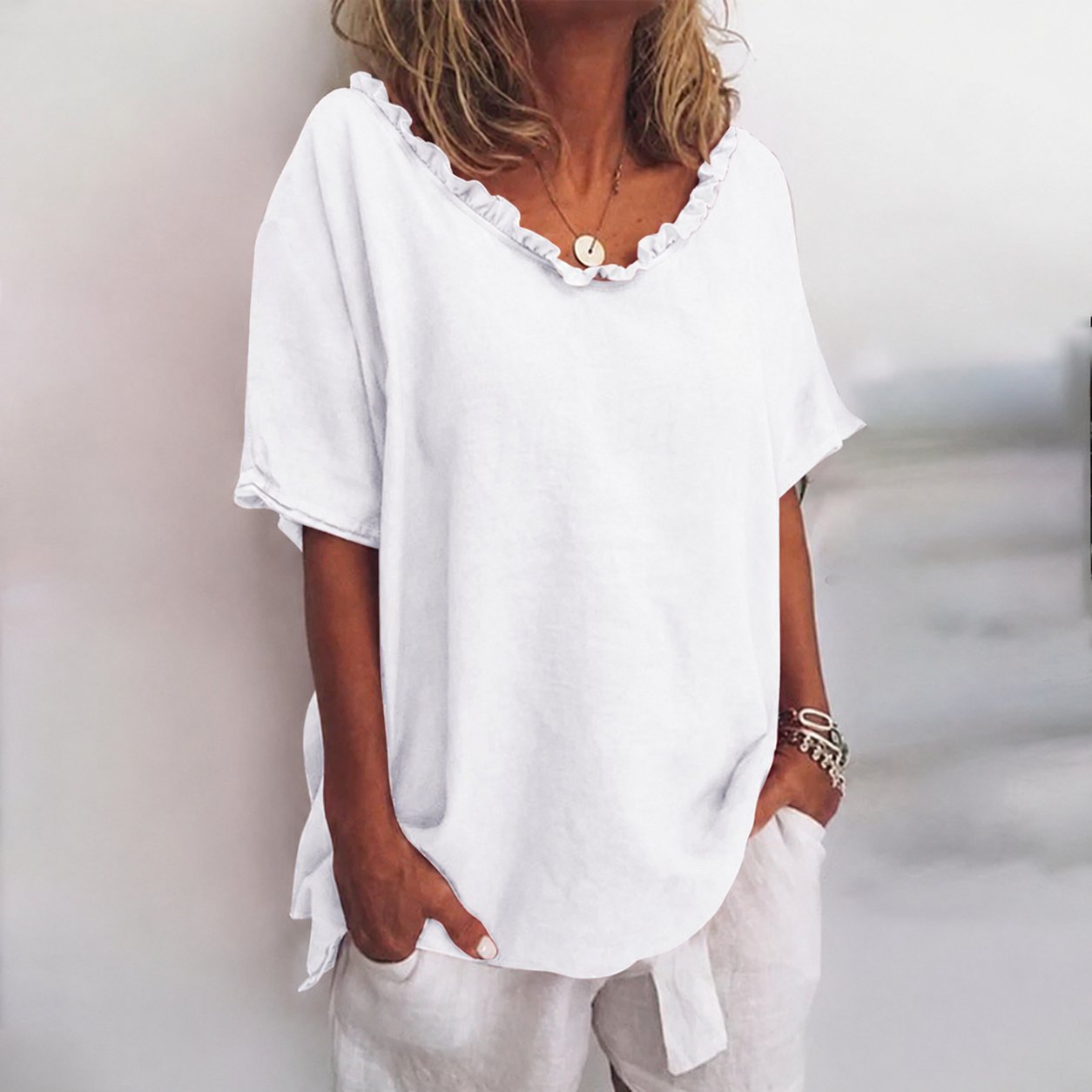 Women's Loose Ruffle-Neck Short-Sleeve Linen Blouse - White