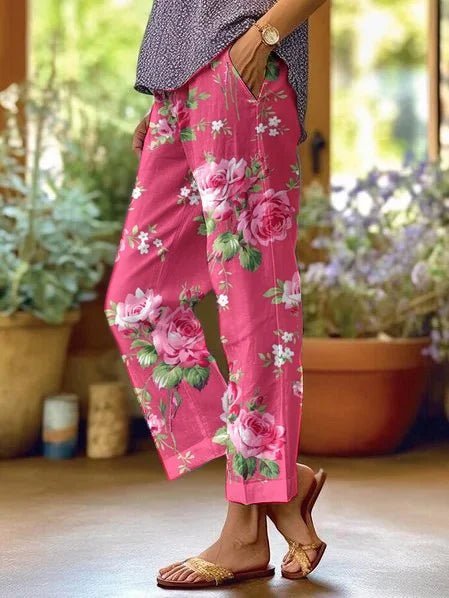 Women's Mid-Rise Relaxed-Fit Floral Print Casual Pants - Rose Pink