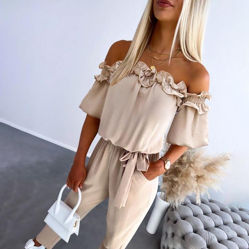 Women's Off-Shoulder Frill Tie-Waist Casual Jumpsuit - Apricot
