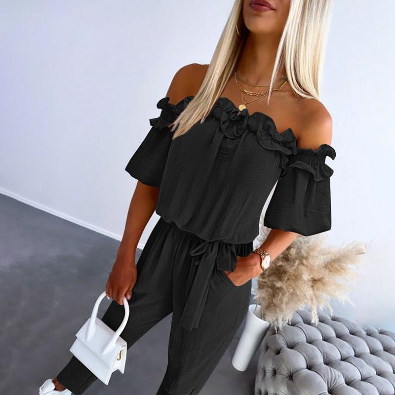 Women's Off-Shoulder Frill Tie-Waist Casual Jumpsuit - Black