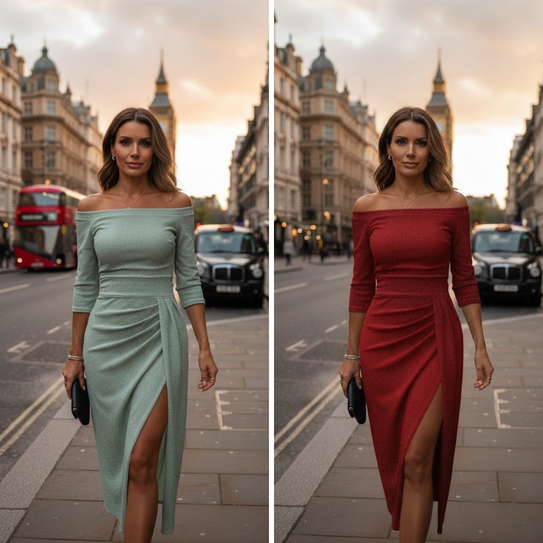 Women's Off-Shoulder Long-Sleeve Ruched Midi Dress Side Slit