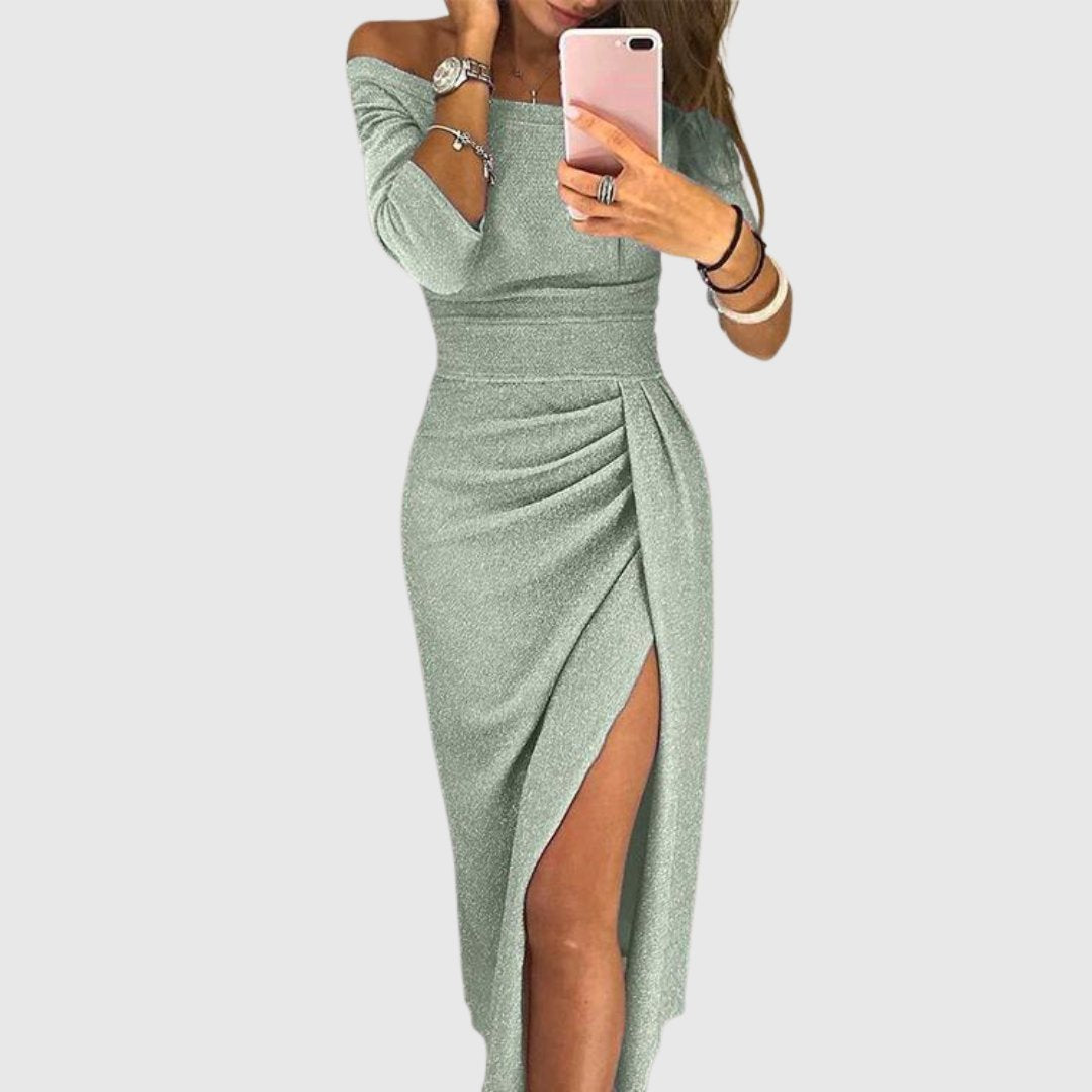 Women's Off-Shoulder Long-Sleeve Ruched Midi Dress Side Slit