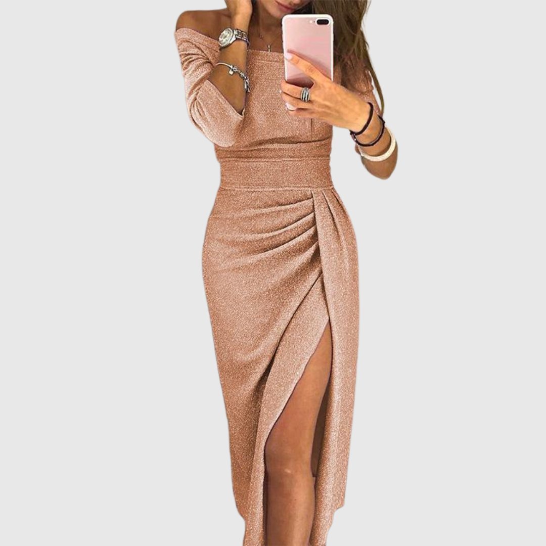 Women's Off-Shoulder Long-Sleeve Ruched Midi Dress Side Slit - Champagne