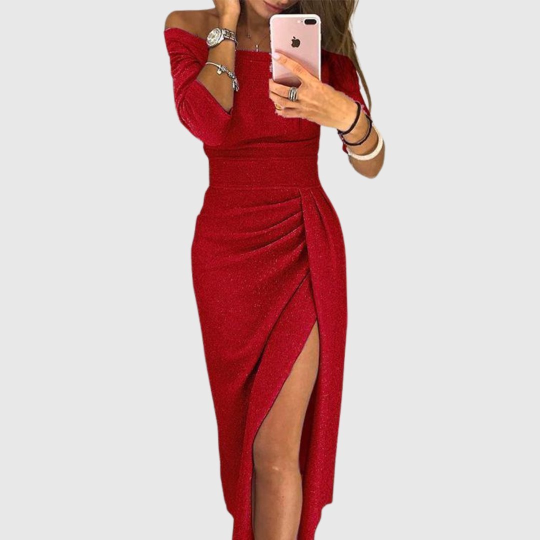 Women's Off-Shoulder Long-Sleeve Ruched Midi Dress Side Slit - Red