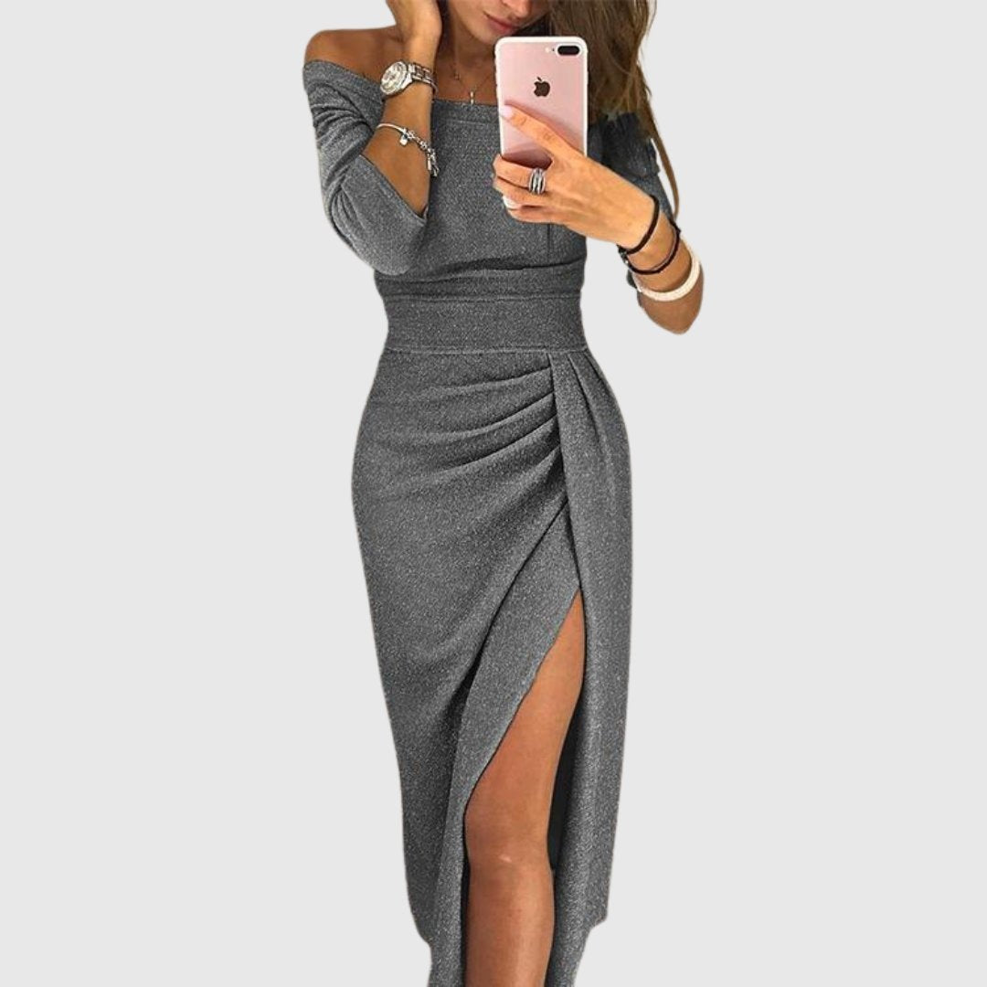 Women's Off-Shoulder Long-Sleeve Ruched Midi Dress Side Slit - Grey