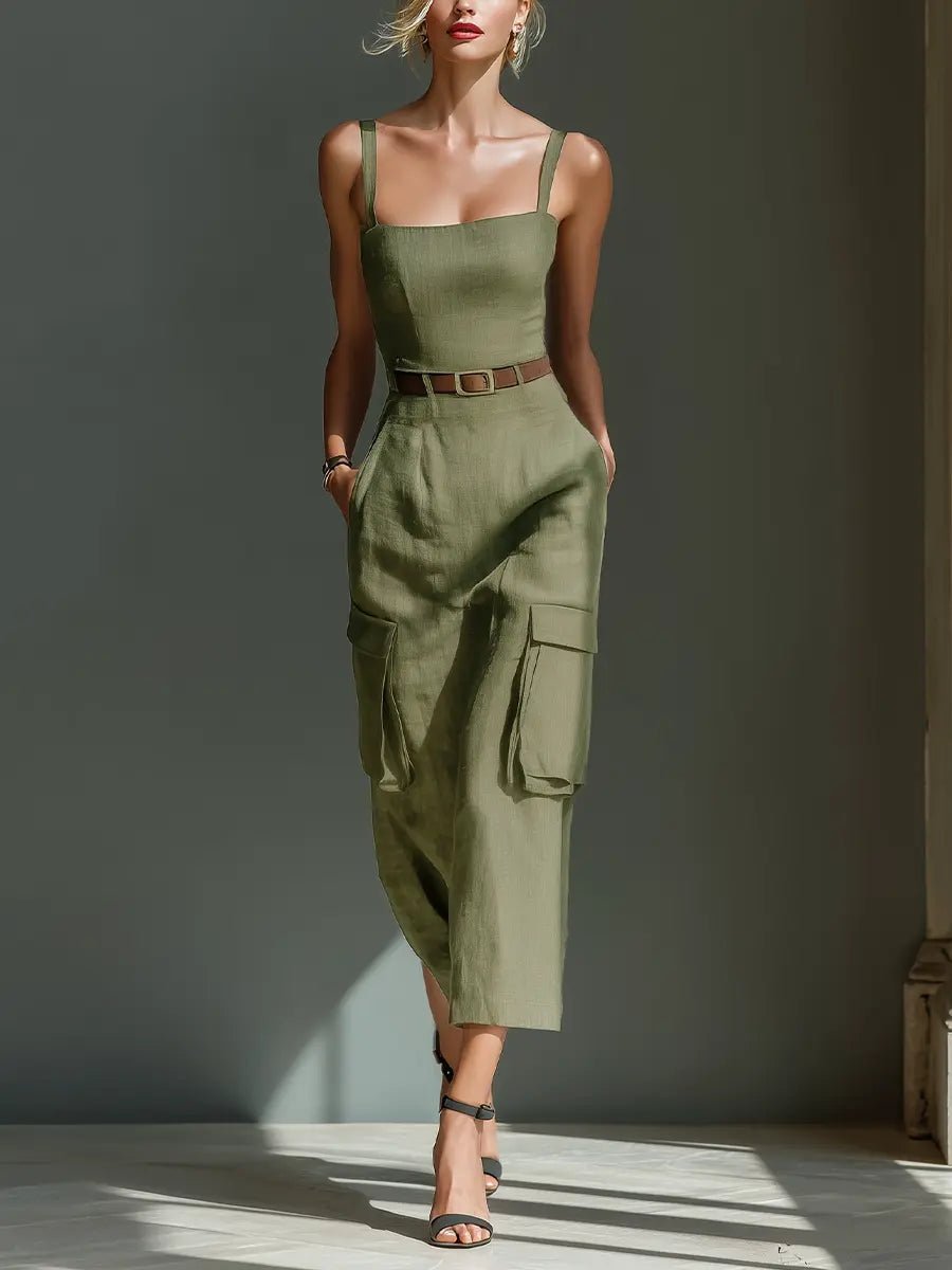 Women's Olive Linen Belted Cargo-Pocket Midi Dress - Olive Green