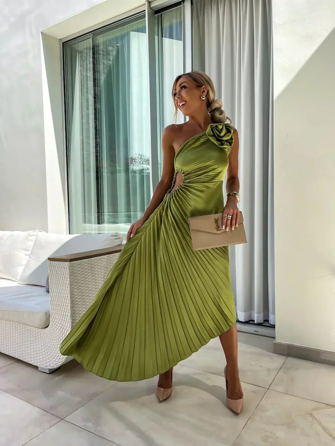 Women's One-Shoulder Pleated Midi Dress Rosette Detail